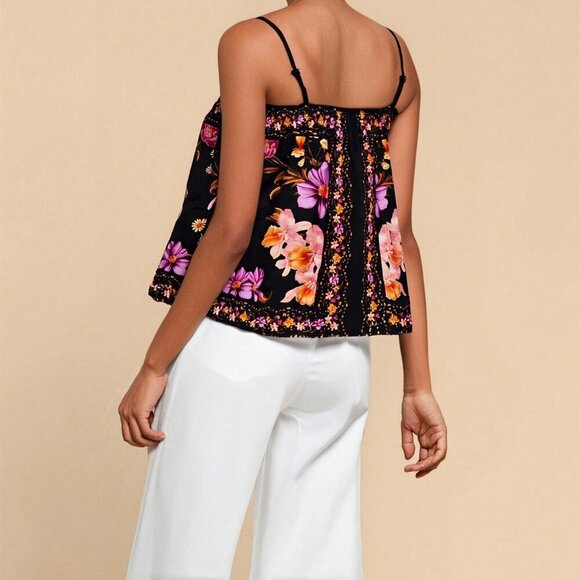 Black Boho Women's Floral Print Loose Camisole Tank Top - Picture 2 of 6